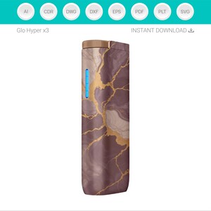 Puede incluir: Un dispositivo rectangular con un dise&ntilde;o veteado en tonos marrones y dorados. El dispositivo tiene una parte superior dorada y un indicador de luz azul. El texto "Glo Hyper x3" es visible en la parte superior de la imagen.