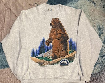 Vintage 90s Animal Print Grizzly Bear Sweatshirt Blue National Wildlife medium