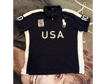 Polo Ralph Lauren Custom Fit USA 10 Navy White Big Pony Patch Polo Shirt XXL