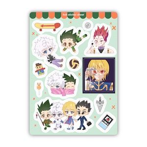 May include: A sticker sheet with multiple anime character illustrations. The sheet includes images of characters in various poses, a skateboard, and a volleyball. The sheet has a green background with orange and green trim at the top. The text "hxh sticker sheet" is at the top.