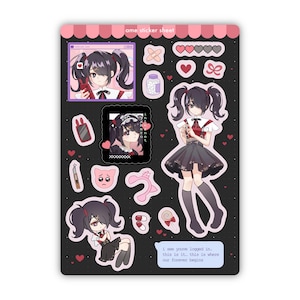 May include: A sticker sheet with a black background featuring anime-style illustrations of a girl with black pigtails, hearts, and other cute graphics. Text on the sheet reads "ame sticker sheet" and "I see you've logged in, this is it... this is where our forever begins."