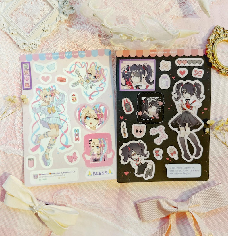 Sticker sheets of Ame and KAngel from Needy Streamer Overload