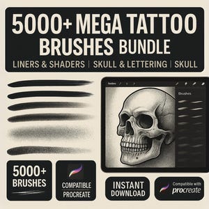 May include: A digital art bundle with the text "5000+ MEGA TATTOO BRUSHES BUNDLE". The image includes a tablet displaying a skull illustration, a white stylus, and examples of brush strokes. The bundle is compatible with Procreate and available for instant download.