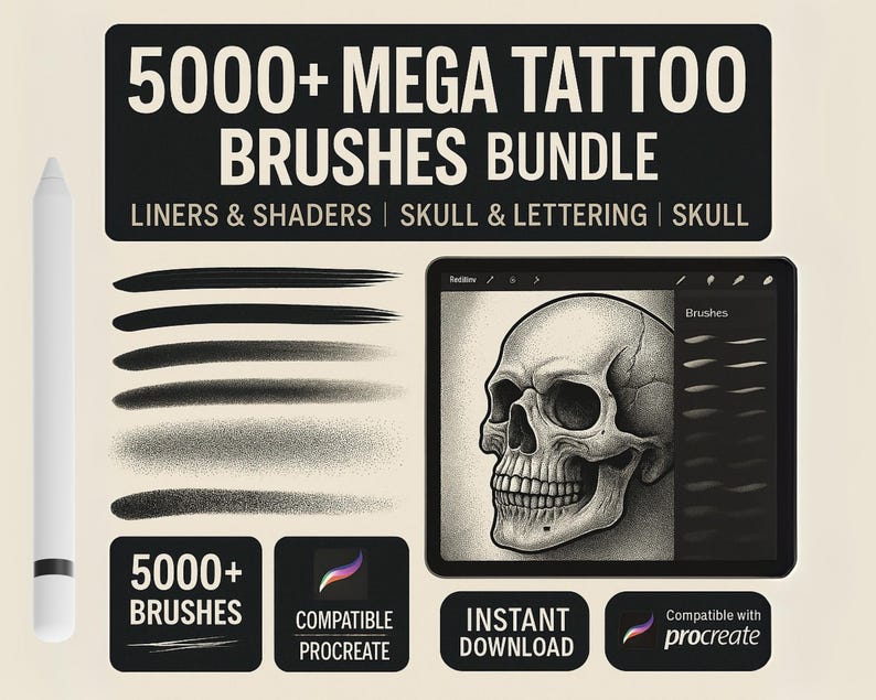 May include: A digital art bundle with the text "5000+ MEGA TATTOO BRUSHES BUNDLE". The image includes a tablet displaying a skull illustration, a white stylus, and examples of brush strokes. The bundle is compatible with Procreate and available for instant download.