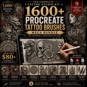 May include: A digital art mega bundle for Procreate with 1600+ tattoo brushes. The image features a tablet displaying tattoo designs, with additional packs for Japanese, Americana, Skull, Mandala, Nature, Mythology, Lettering, Crystal, and Real Needle brushes.