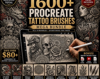 Procreate Tattoo Pinsel Mega Bundle | 9 Themenpäckchen Totenköpfe, Japanisch, Mandala (Digitaler Download)