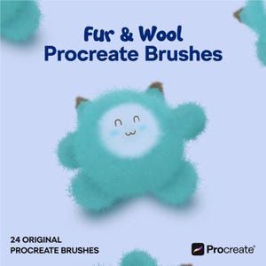 Pode incluir: Um conjunto de 24 pincéis originais do Procreate para criar texturas de pele e lã. A imagem mostra uma criatura fofa azul e peluda com um rosto feliz. O texto "Fur & Wool Procreate Brushes" é exibido na parte superior da imagem.