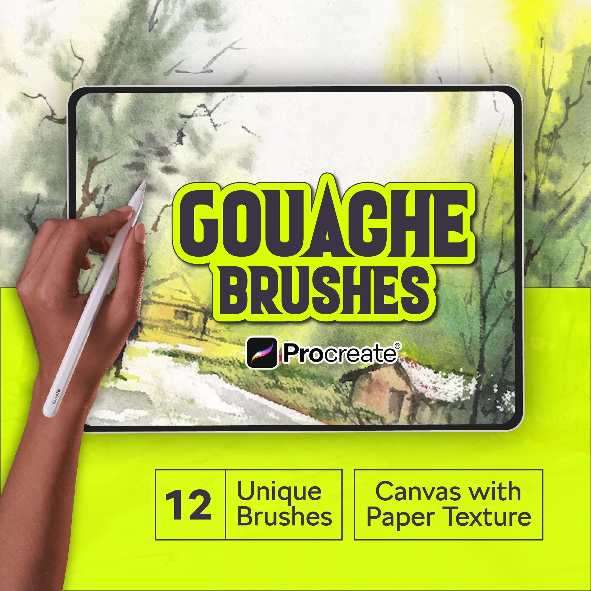 Realistic Gouache Procreate Brushes Kit – 12 Blendable iPad Brushes + Textured Canvas