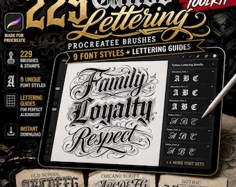 Procreate Tattoo-Beschriftungsbürsten | 9 Schriftarten, Schriftstile, Anleitungen (Instant Download)
