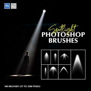 Puede incluir: Gráfico negro con el texto "Spotlight Photoshop Brushes" en blanco y amarillo. La imagen incluye una persona en un foco y una colección de ejemplos de pinceles de foco. También se incluye el texto "100 Brushes up to 2500 Pixels".