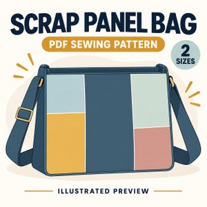 Puede incluir: Una ilustración digital de un bolso de hombro rectangular con un diseño de bloques de color en azul marino, azul claro, amarillo, verde menta y rosa empolvado. El texto dice SCRAP PANEL BAG, PDF SEWING PATTERN y 2 SIZES. El bolso tiene una correa.