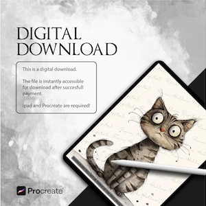 May include: Digital download art featuring a cartoon cat with wide eyes and a skeptical expression. The cat is gray and brown with stripes. The image is on a tablet with a stylus. Text includes "DIGITAL DOWNLOAD" and "Procreate".