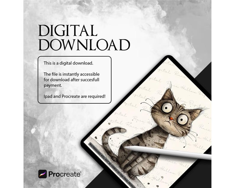 May include: Digital download art featuring a cartoon cat with wide eyes and a skeptical expression. The cat is gray and brown with stripes. The image is on a tablet with a stylus. Text includes "DIGITAL DOWNLOAD" and "Procreate".