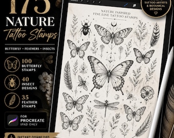 175 Natur Tattoo Stempel | Schmetterling, Motte, Feder, Insekt Botanische Pinsel (Digitaler Download)