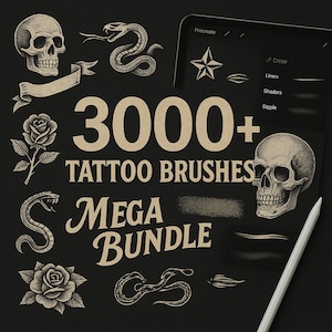 May include: A digital art graphic with the text "3000+ Tattoo Brushes Mega Bundle" on a black background. The image includes illustrations of skulls, roses, and snakes, along with a tablet displaying brush options and a stylus.