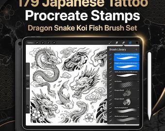 Japanisches Tattoo Procreate Briefmarken | Drache, Schlange, Koi Fisch Pinsel Set (Digital Download)