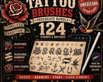 Traditionelle Tattoo Procreate Pinsel | Americana Rose, Banner, Stern Briefmarken (Digitaler Download)