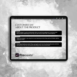 May include: A digital tablet displays customer reviews about a product. The text reads "CUSTOMERS SAY ABOUT THE PRODUCT" above three black boxes with customer testimonials. The Procreate logo is at the bottom.