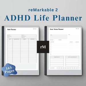 Puede incluir: Dos tabletas reMarkable 2 que muestran páginas de planificador. Una muestra un rastreador de deudas, la otra un planificador de acciones de objetivos. El texto "ADHD Life Planner" está encima de las tabletas. Un lápiz óptico negro está a la derecha. Un gráfico azul en forma de estrella dice "163 Páginas".