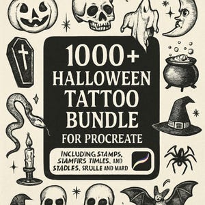 Pode incluir: Ilustração em preto e branco de elementos de Halloween, incluindo abóbora, caveira, fantasma, lua, caixão, cobra, vela, caldeirão, chapéu de bruxa, aranha e morcego. A imagem apresenta o texto "1000+ Halloween Tattoo Bundle for Procreate."