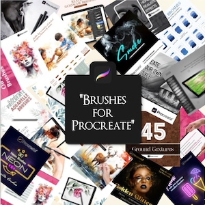 May include: A collage of digital art brushes for Procreate, featuring various styles like watercolor, neon, and gouache. The image includes the Procreate logo and text that reads "BRUSHES FOR PROCREATE". There are 45 ground textures.
