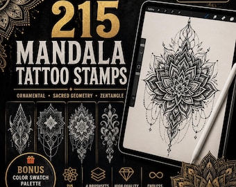 215 Mandala Tattoo Procreate Briefmarken | Ornamental, Heilige Geometrie, Zentangle Pinsel (Digitaler Download)