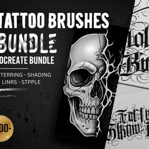 May include: A digital art bundle for Procreate featuring tattoo brushes. The image displays a skull illustration and examples of lettering, shading, linework, and stippling. The text includes "TATTOO BRUSHES BUNDLE PROCREATE BUNDLE" and "5000-".