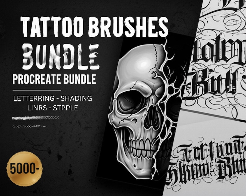 May include: A digital art bundle for Procreate featuring tattoo brushes. The image displays a skull illustration and examples of lettering, shading, linework, and stippling. The text includes "TATTOO BRUSHES BUNDLE PROCREATE BUNDLE" and "5000-".