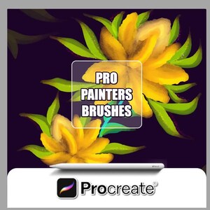 May include: Procreate app icon with the text "Procreate" and a yellow flower with green leaves on a dark background. The text "PRO PAINTERS BRUSHES" is in a white box.
