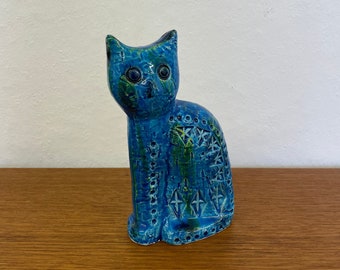 Vintage Bitossi cat figurine by Aldo Londi made of blue ceramic 60s mid century
