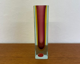 Vintage Murano Glas Vase von Alexandro Mandruzzato Blockvase in rot/gelb 70er Mid Century