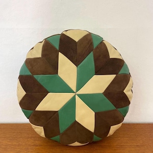 Patchwork leather pouf/cushion in green and brown, 60s/70s Mid Century Vintage