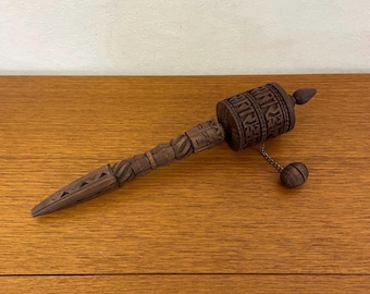 Hand-carved Tibetan prayer wheel / Mani mill made of wood with Mantra Vintage
