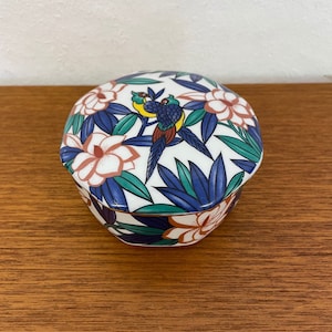 Vintage porcelain box / tin with tropical motif Mid Century