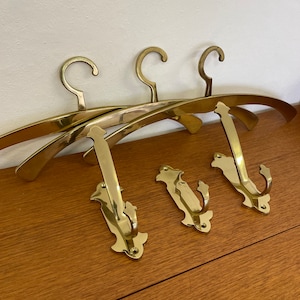 Wardrobe set (3 coat hangers & 3 hooks) made of brass 60s Mid Century Vintage