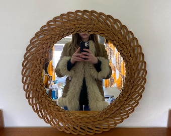 丸型壁掛けミラー/チーク材製コード付きミラー 60年代 70年代 ミッド