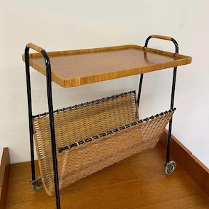 Mid Century Side Table / Bar Cart / Serving Cart / Magazine Rack with Teak Top on Wheels 60s 70s Vintage
