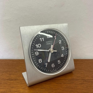 Kienzle design clock / table clock made of metal in silver and with a black dial 70s Mid Century Vintage