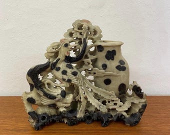 Antique Chinese vase / art hand-carved from soapstone / soapstone with dragon and bird vintage