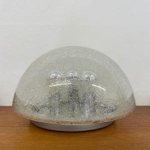 May include: A dome-shaped flush mount ceiling light featuring a clear glass shade with a textured bubble pattern. The interior contains three light bulb sockets mounted on a metallic base, visible through the translucent glass surface.