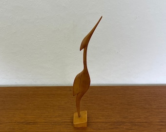 Kleine Mid Century Kranich Vogel Figur aus Holz 60er Vintage