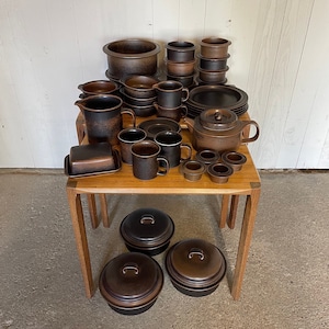 Peut inclure: Un ensemble de vaisselle en céramique marron, comprenant des assiettes, des tasses, des bols, une théière et des plats de service. L'ensemble est disposé sur une table en bois, présentant un service de table complet avec une esthétique rustique et terreuse. Les pièces ont une finition tachetée.