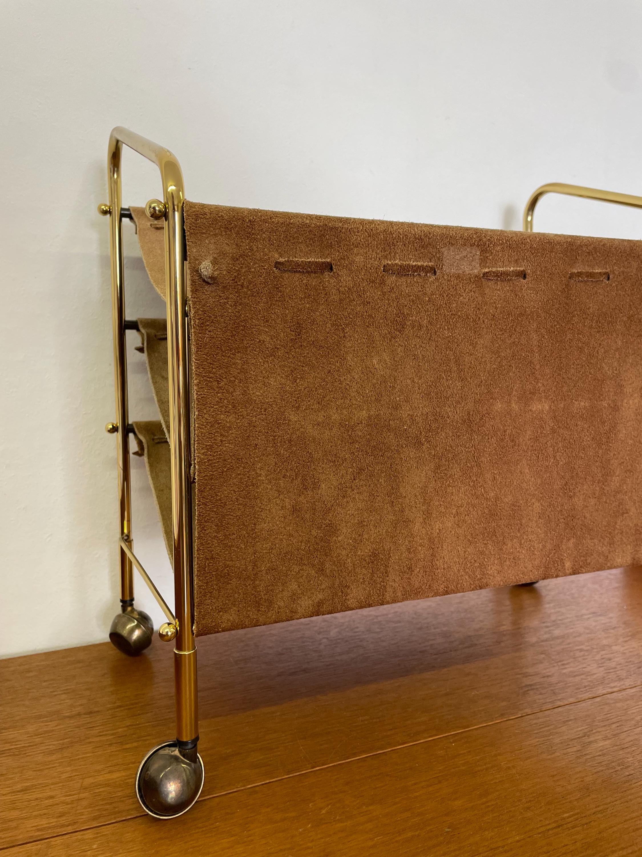 Rolling Magazine Rack / Newspaper Stand Made of Suede and Brass, 1950s ...