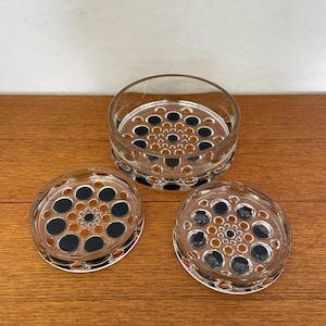 Set of 3 Walther Glass bowls made of glass with yellow and green dots 70s Mid Century Vintage