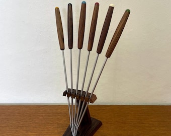 Set of fondue forks with wooden holders, 1960s Mid Century Vintage