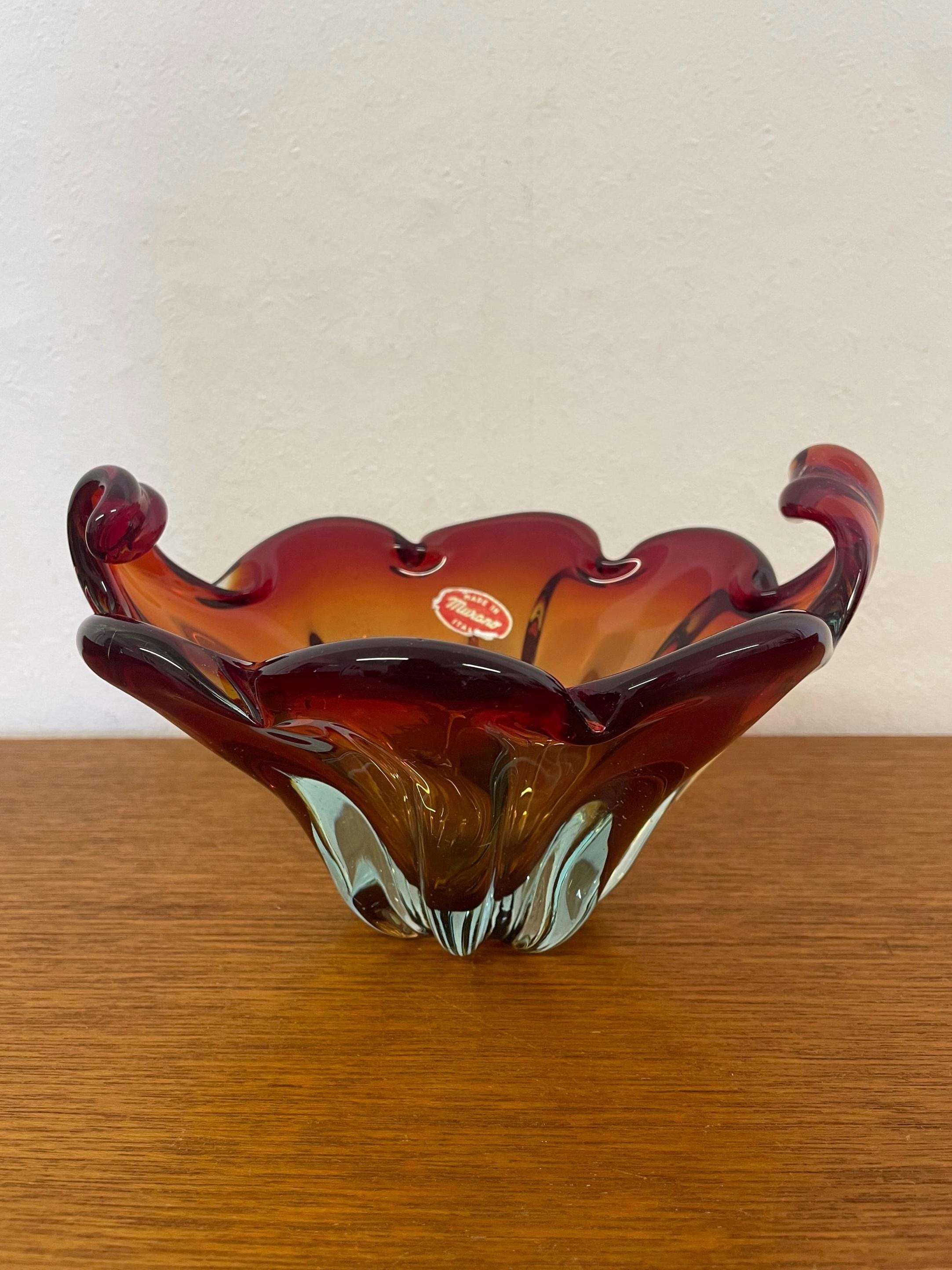 ムラーノ ガラス ボウル レッド、ブルーの輝き イタリア製 70年代