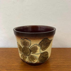 Könnte beinhalten: Ein Keramik-Blumentopf mit braunem Rand und beigem Körper. Der Topf hat ein großes, stilisiertes Blumendesign in Brauntönen. Der Topf steht auf einer Holzoberfläche.