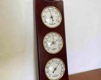 Mid Century Wetterstation Thermometer, Hygrometer, Barometer aus Holz für die Wand 60er 70er Vintage