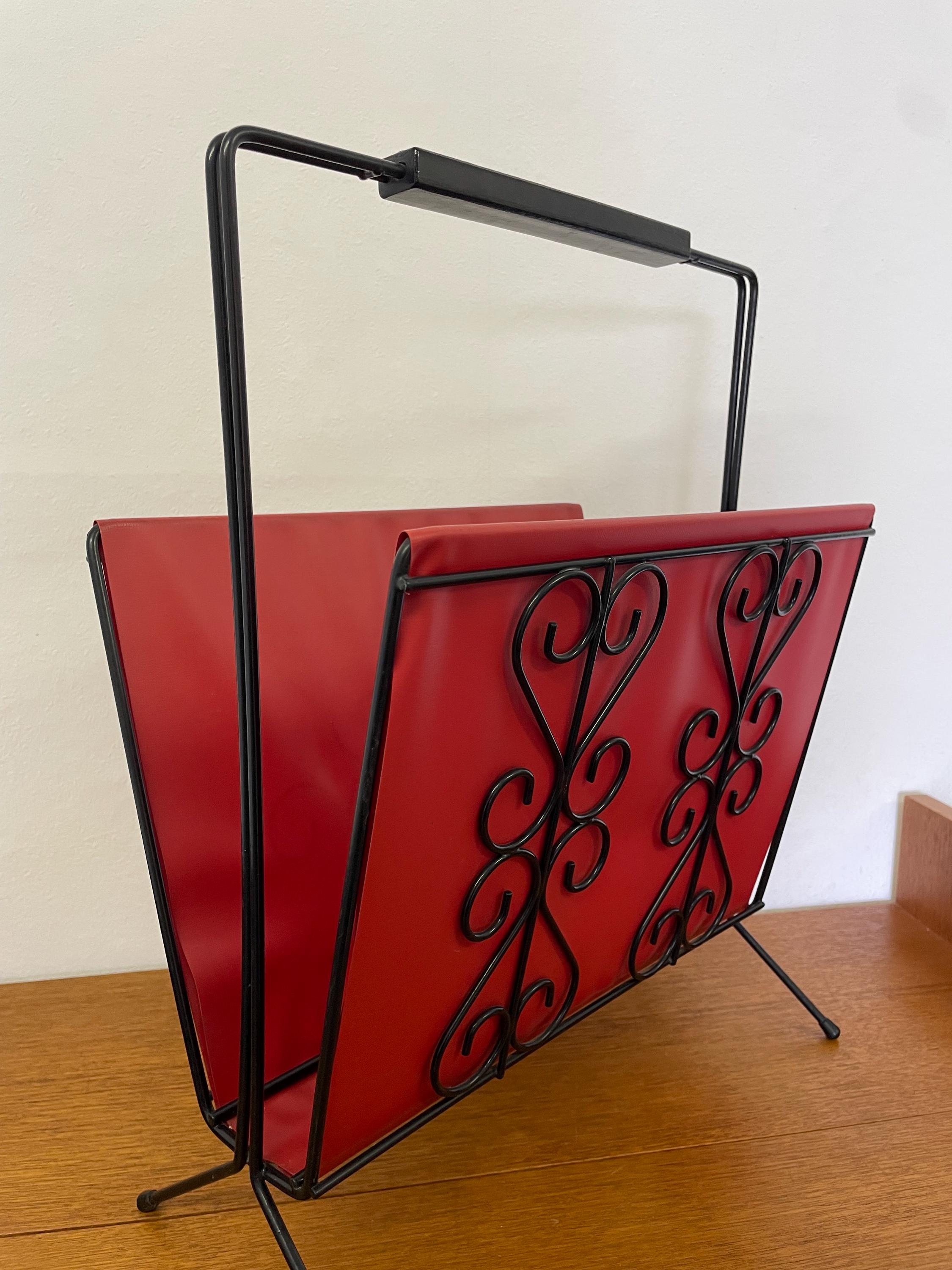 Mid Century Magazine Rack / Newspaper Rack Made of Black Metal and Red ...