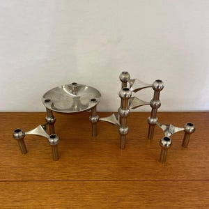 Set of 5 BMF fabric nail candlesticks / candle holders for sticking & bowl in silver 60s 70s Mid Century Vintage